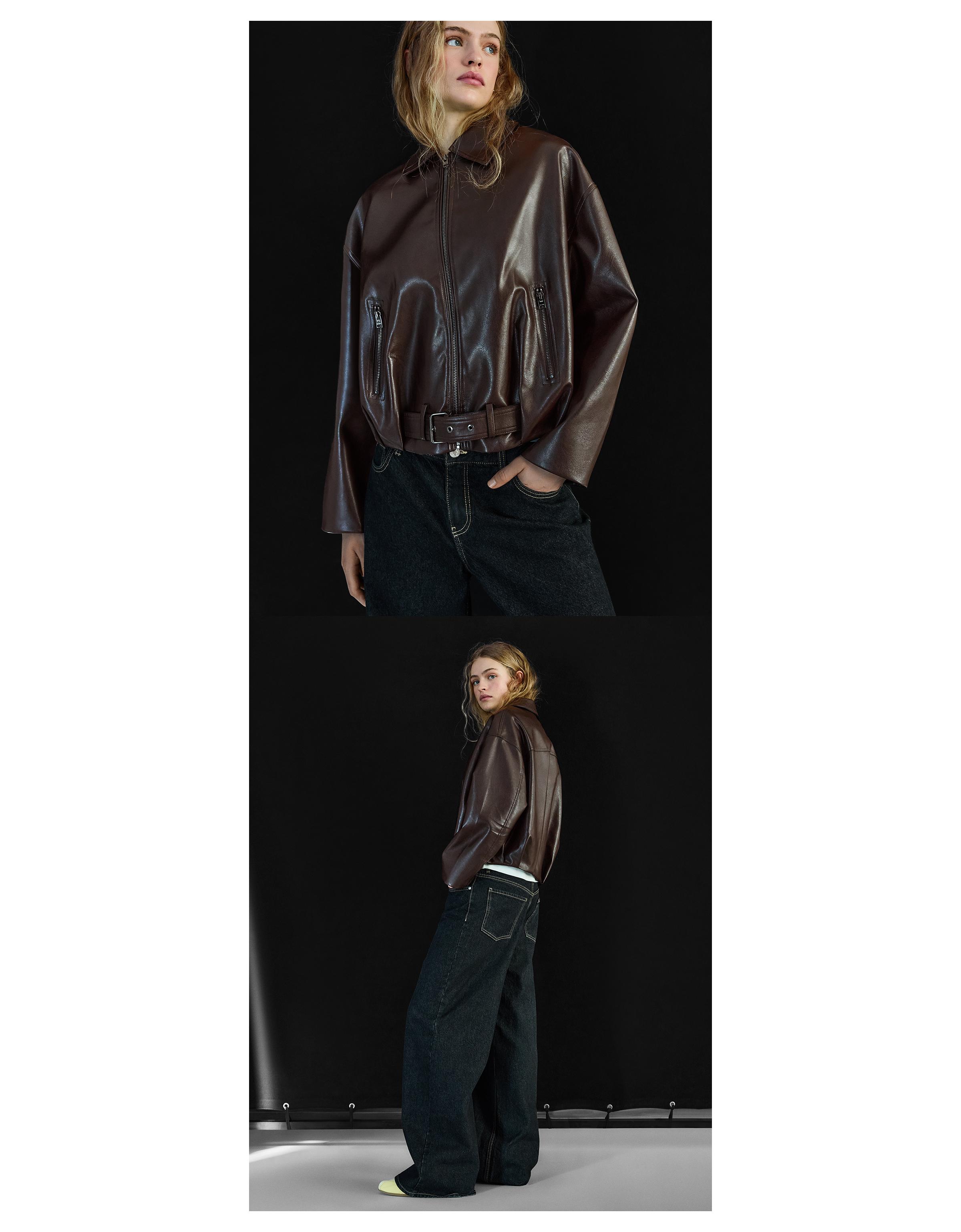 Leather effect bomber jacket with belt — Brown