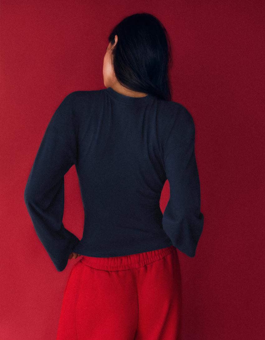 Long sleeve gathered T-shirt-Navy