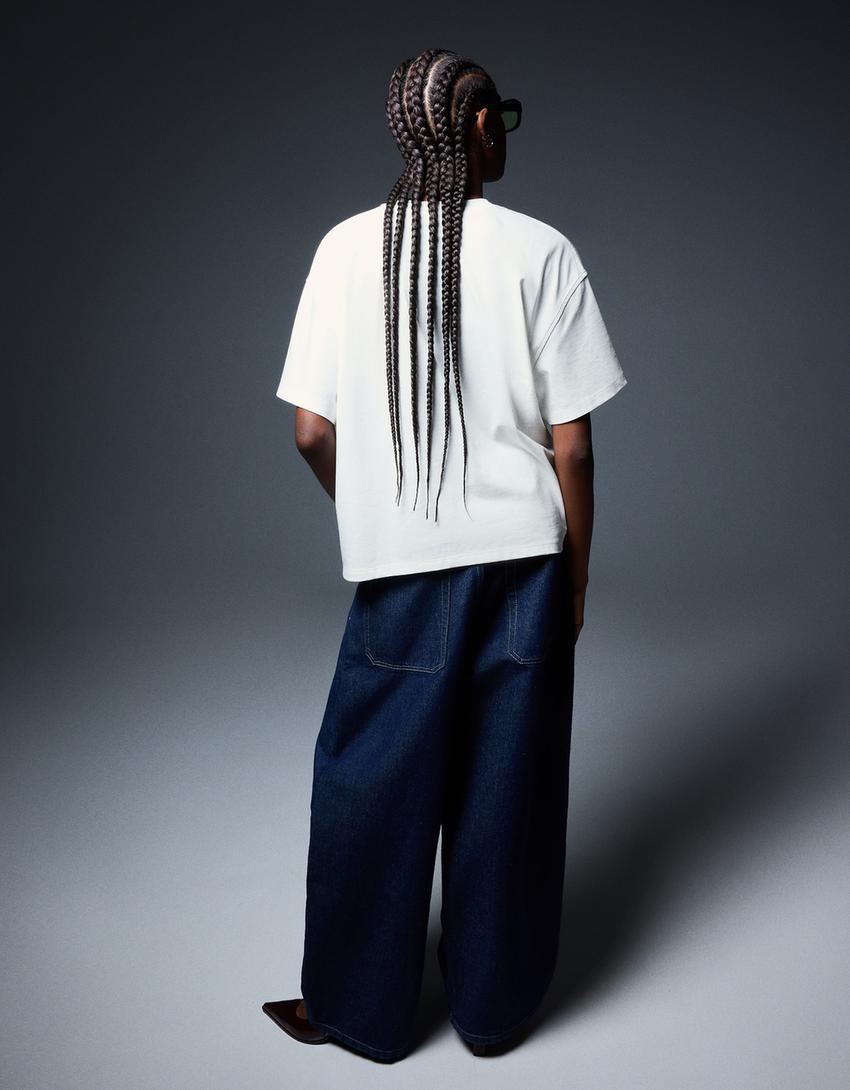 Oversized T-shirt met print en korte mouw-Ecru