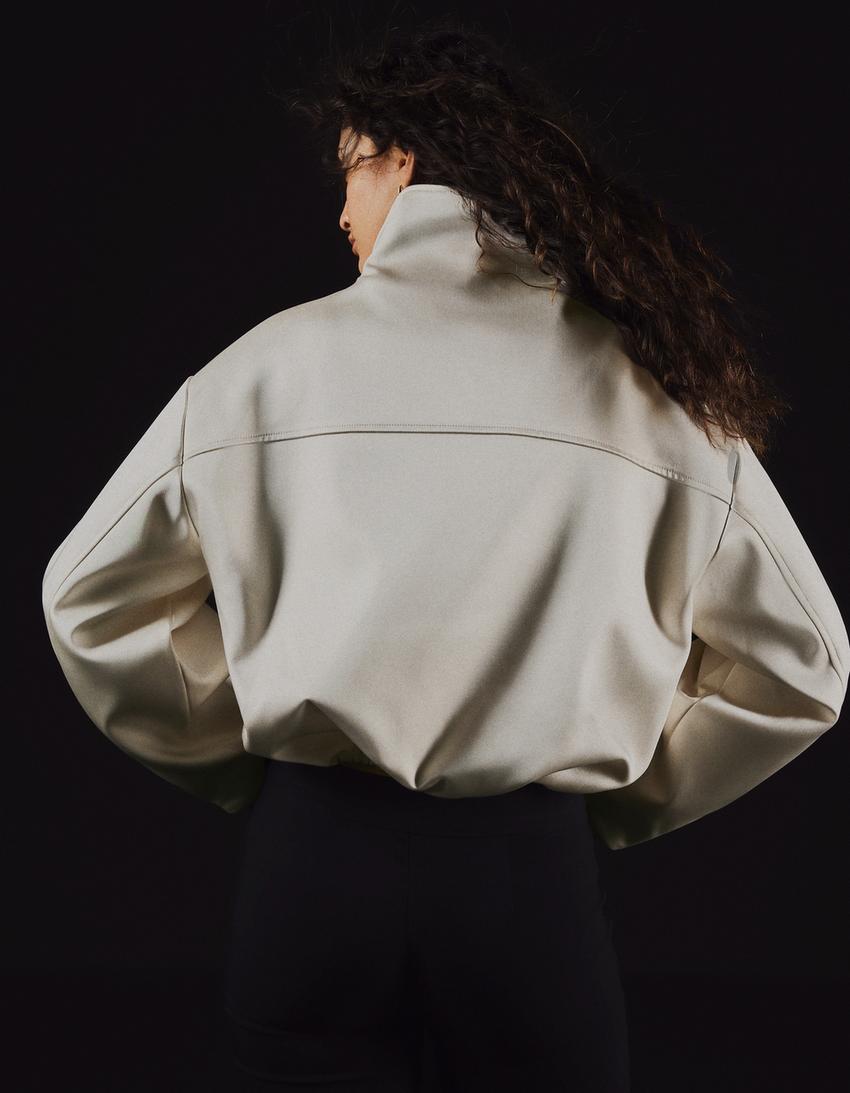 Satin high neck jacket-Cream