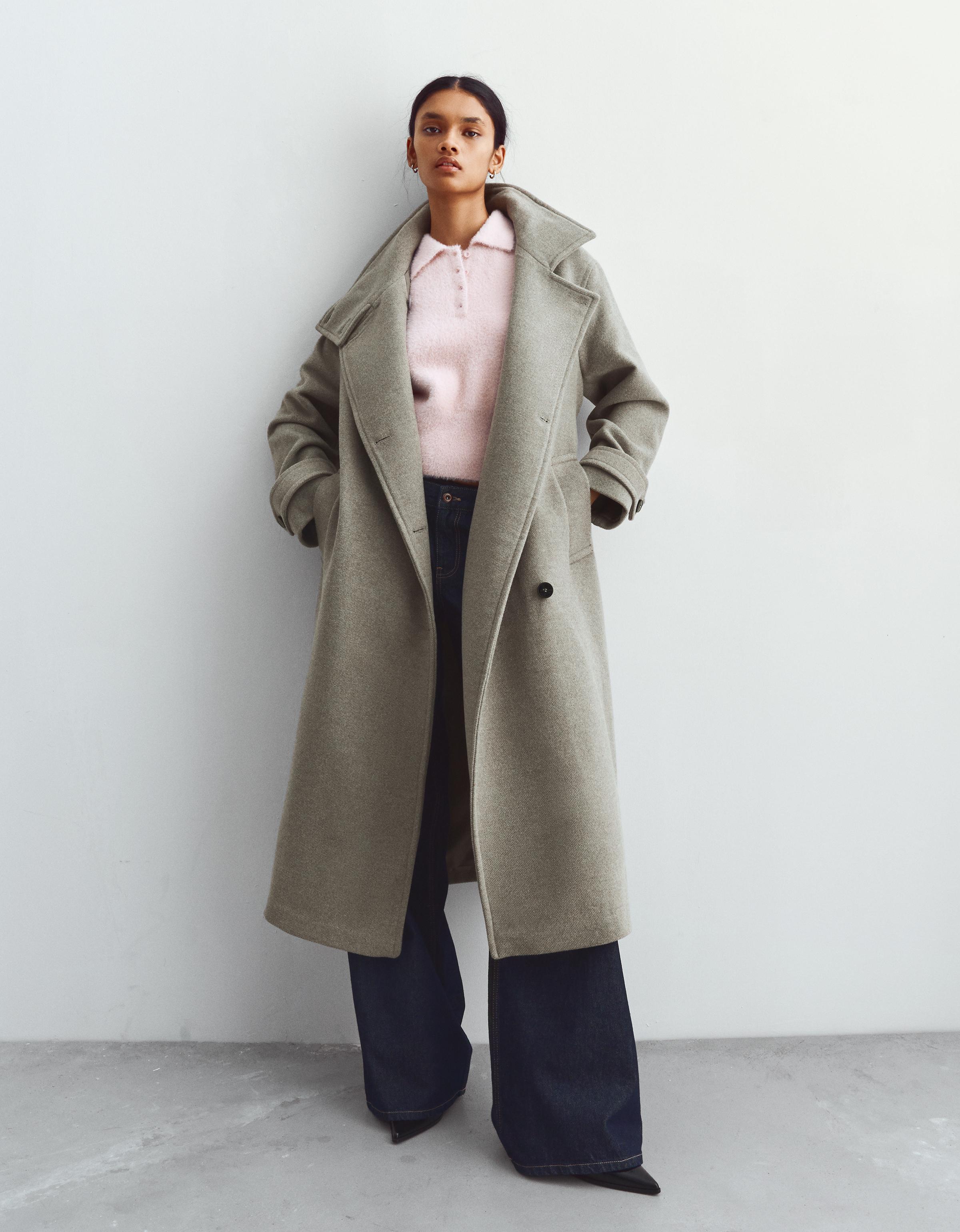 Bershka Langer Mantel Mit Stehkragen Damen Xs Sandfarbe