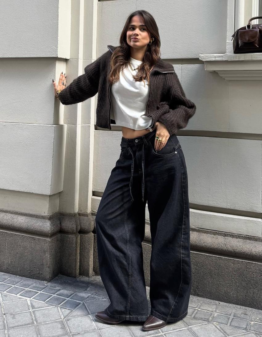 Wide-leg barrel jeans with belt-Navy