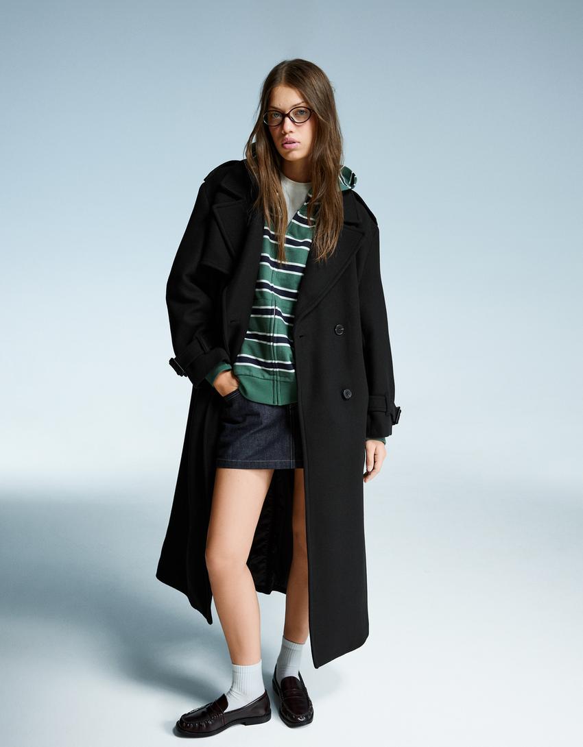 Trench-coat oversize en laine-Noir