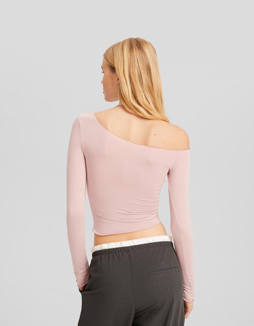 تيشرت وشاح غير متماثل بأكمام طويلة-زهري-1