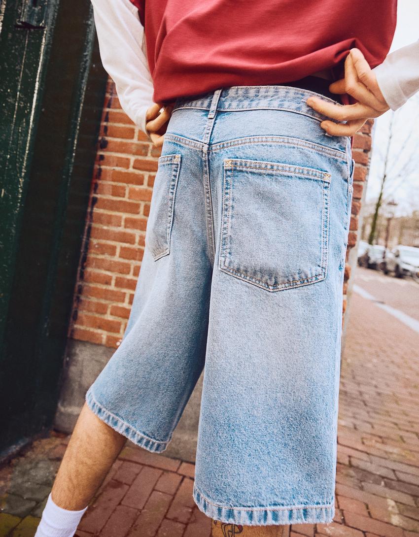 Baggy denim Bermuda shorts-Light blue