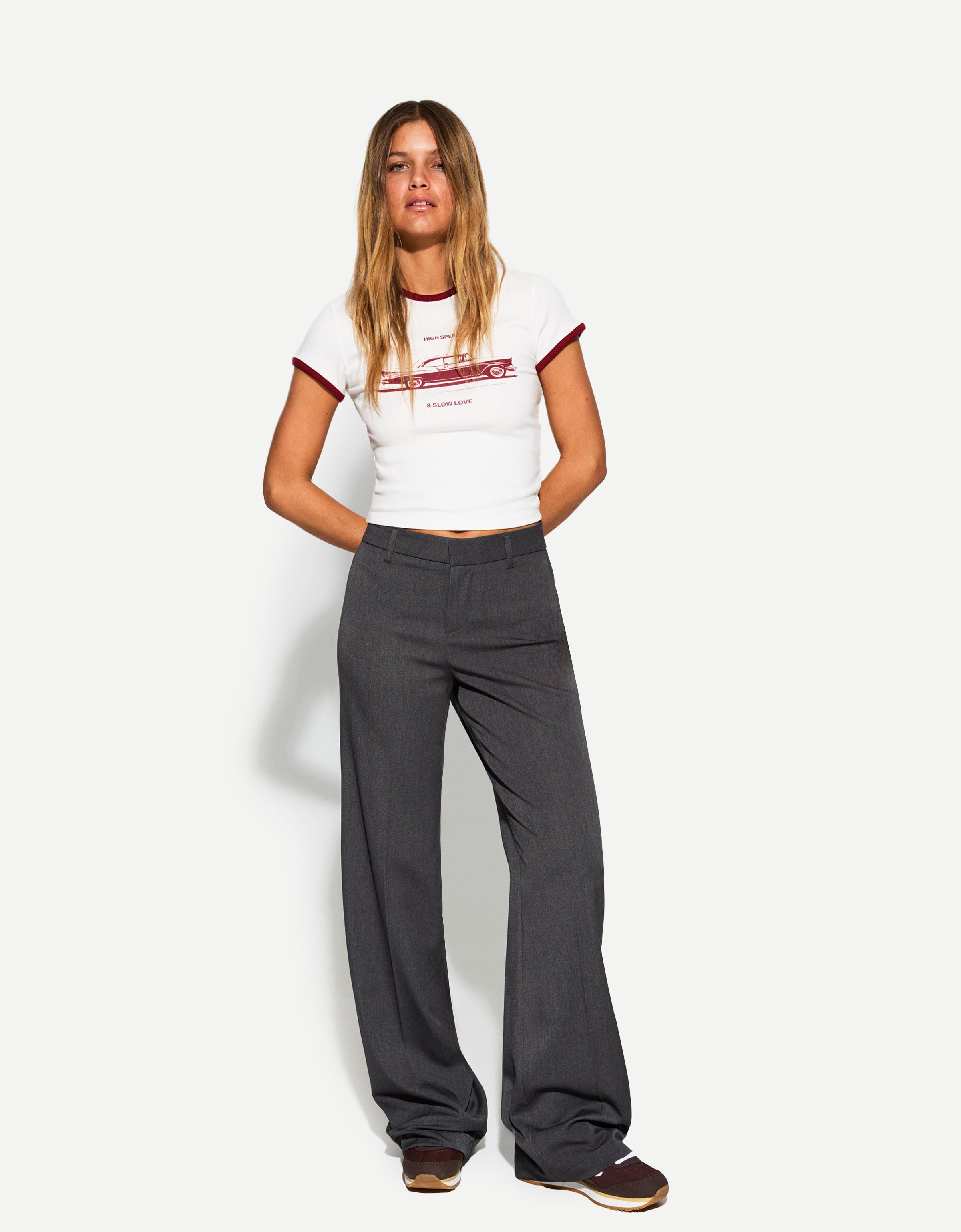 Bershka Wide Leg Tailoring-Hose Damen 44 Grau