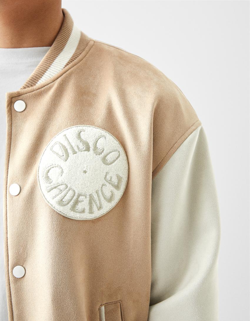 Faux suede embroidered bomber jacket-Camel