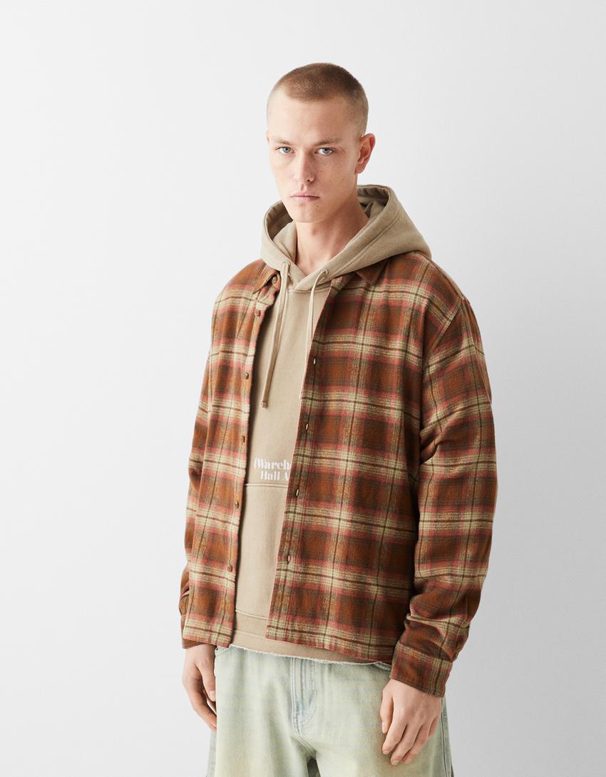 Cropped long sleeve check shirt-Brown