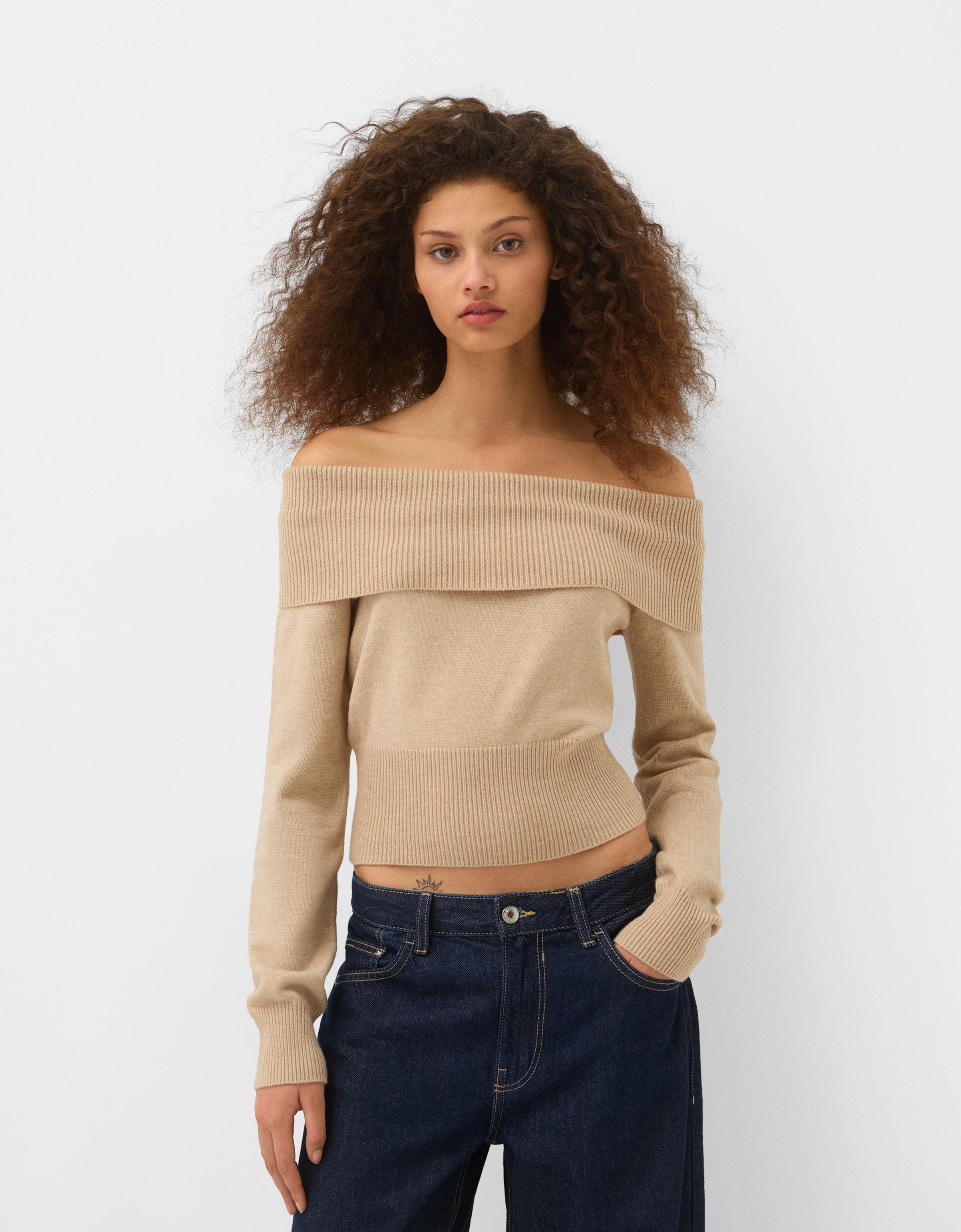 Bershka Pullover Mit Carmen-Ausschnitt Damen Xs Sandfarbe