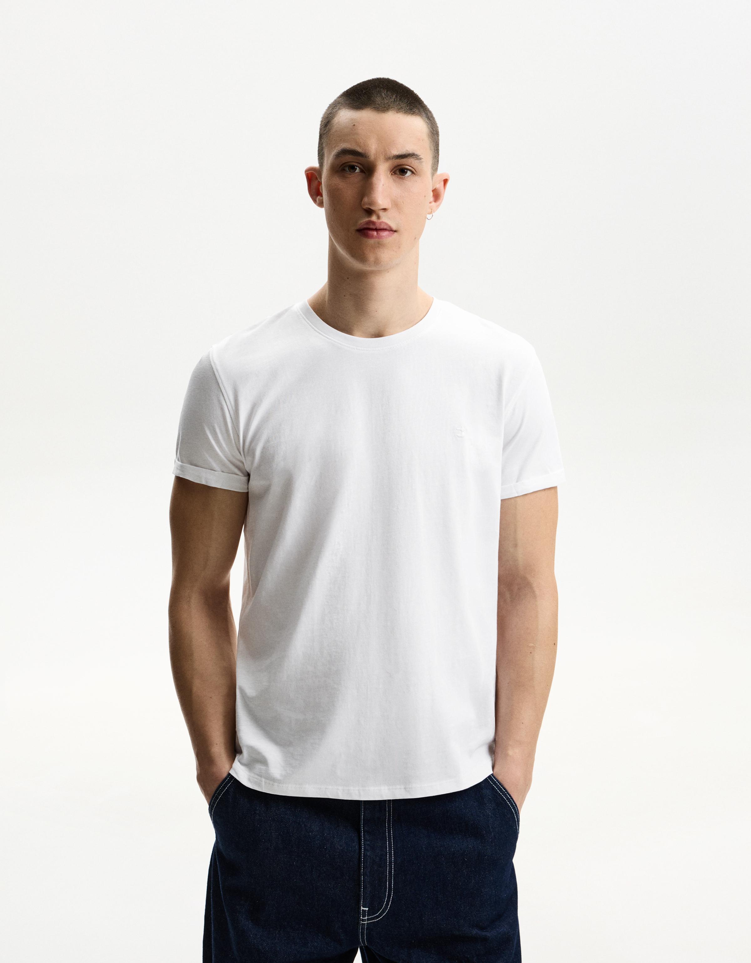 Bershka T-Shirt Mit Kurzen Roll-Up-Ärmeln Und Stickerei Herren L Weiss