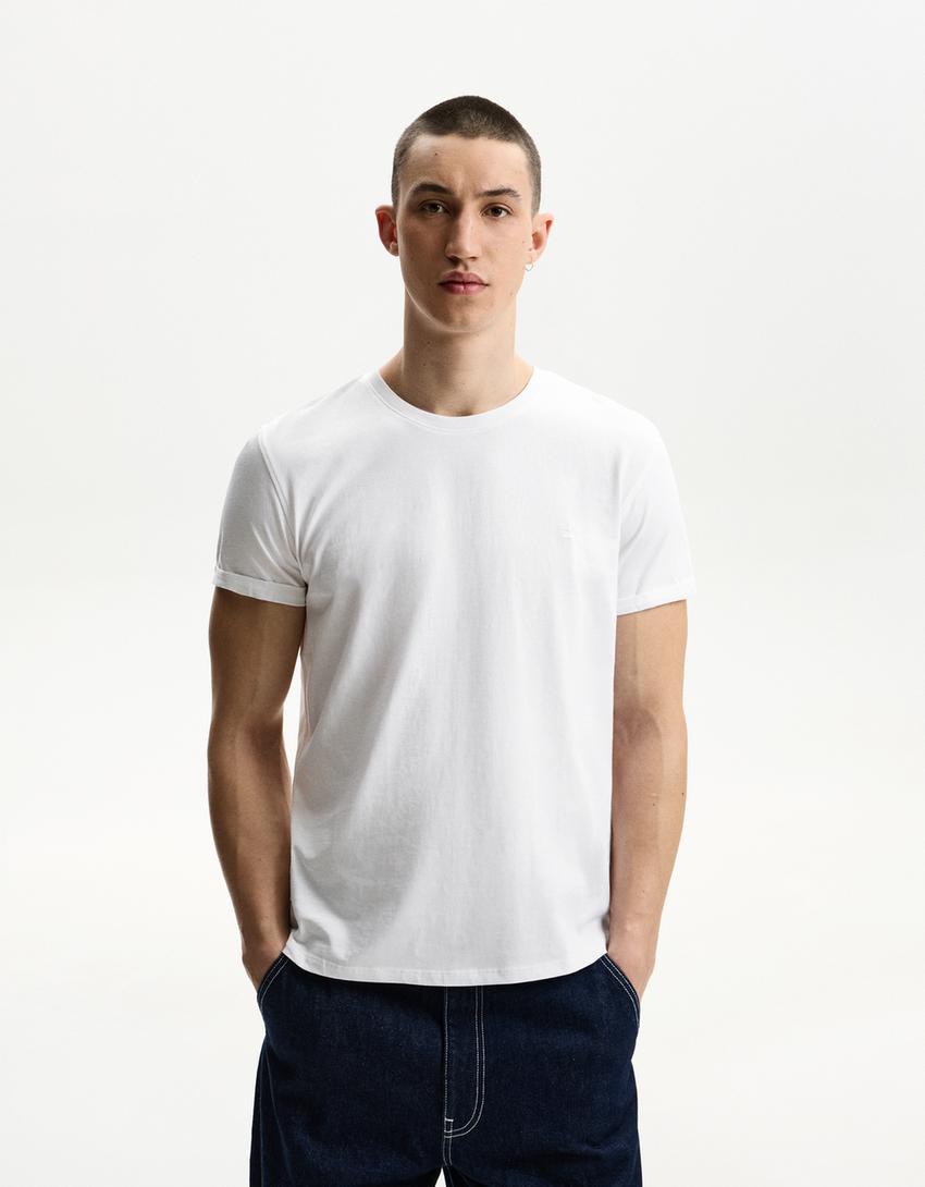 Embroidered short sleeve roll-up T-shirt-White