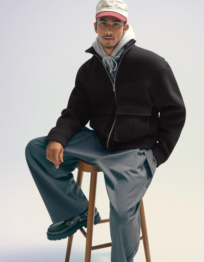 Felt texture jacket with zip-Black