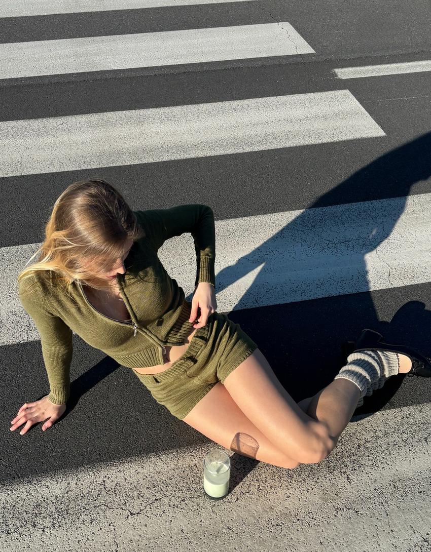 Polo yaka fermuarlı ceket-Yeşil