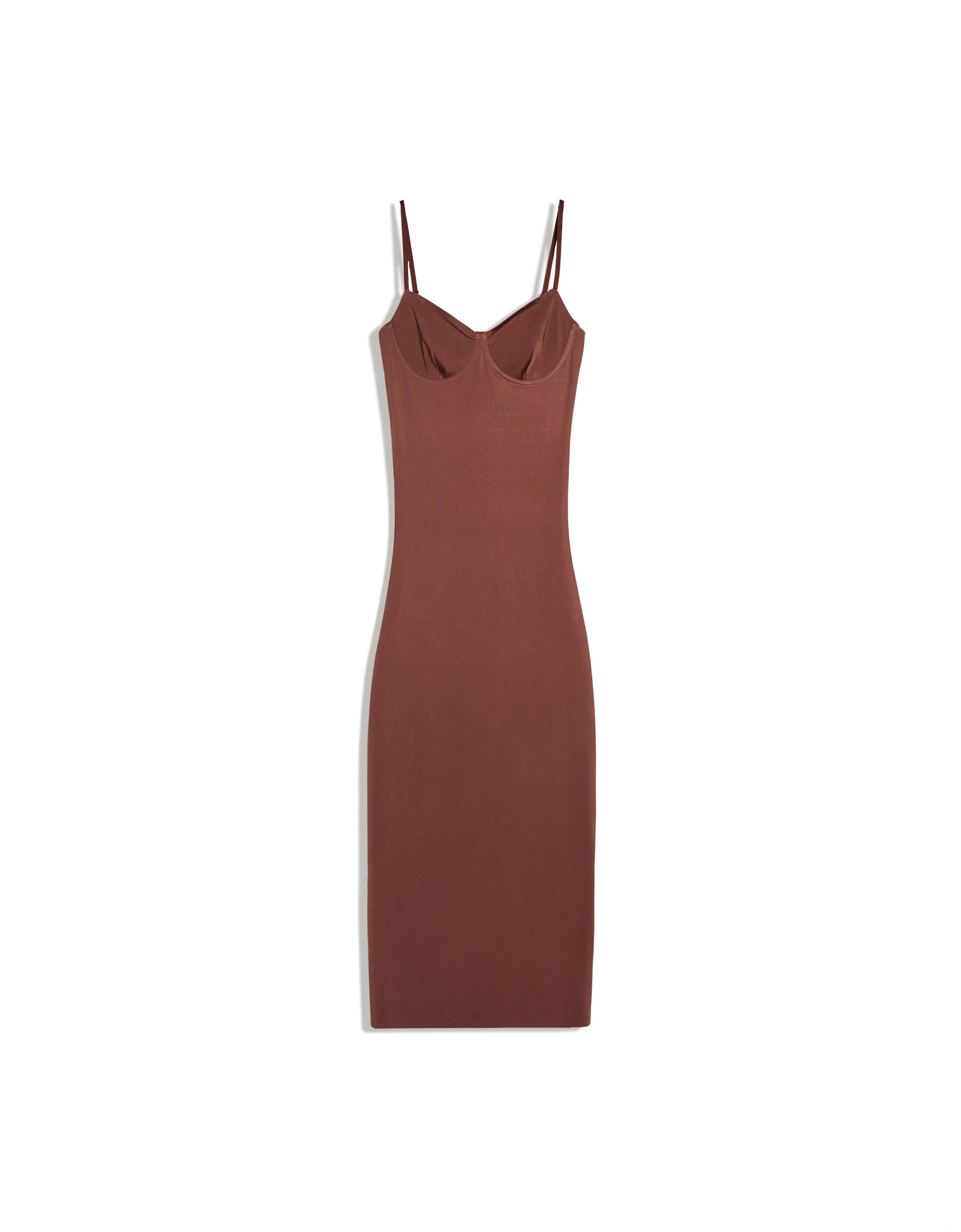 Midi dress with straps and sweetheart neckline — Brown