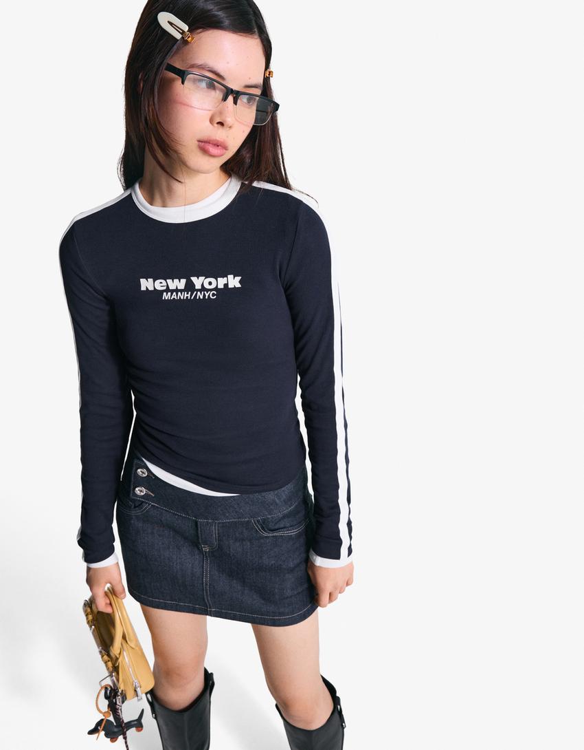T-shirt à manches longues imprimé-Marine