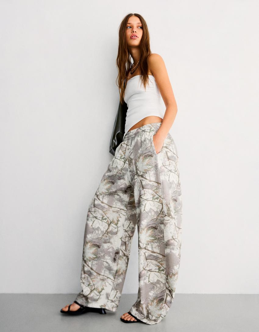 Pantalon barrel molleton imprimé-Sable-0