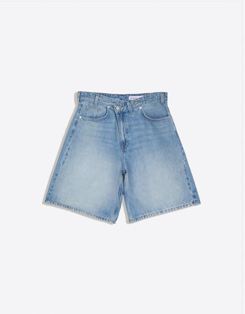 Denim Bermuda shorts with crossover waist-Light blue