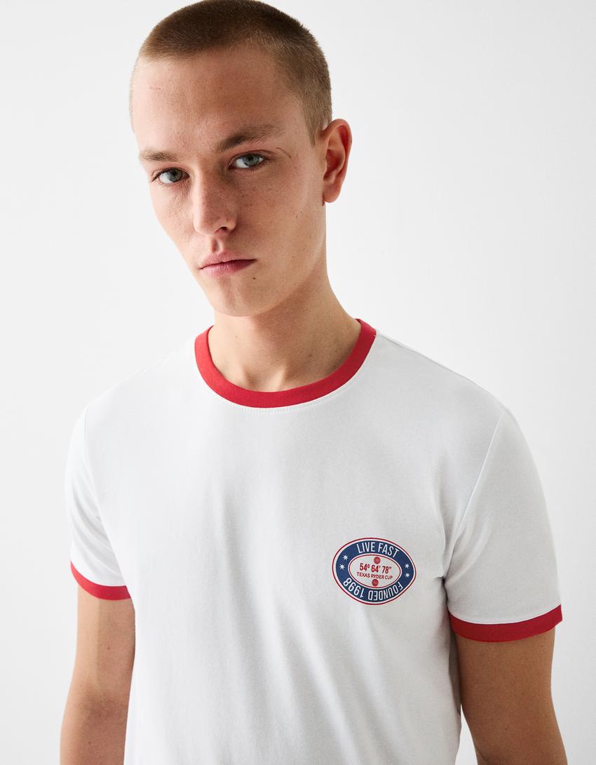 T-shirt manches courtes slim contraste rétro-Blanc cassé-2