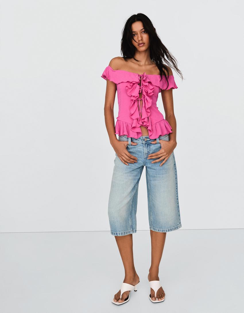 Bardot ruffled top-Fuchsia