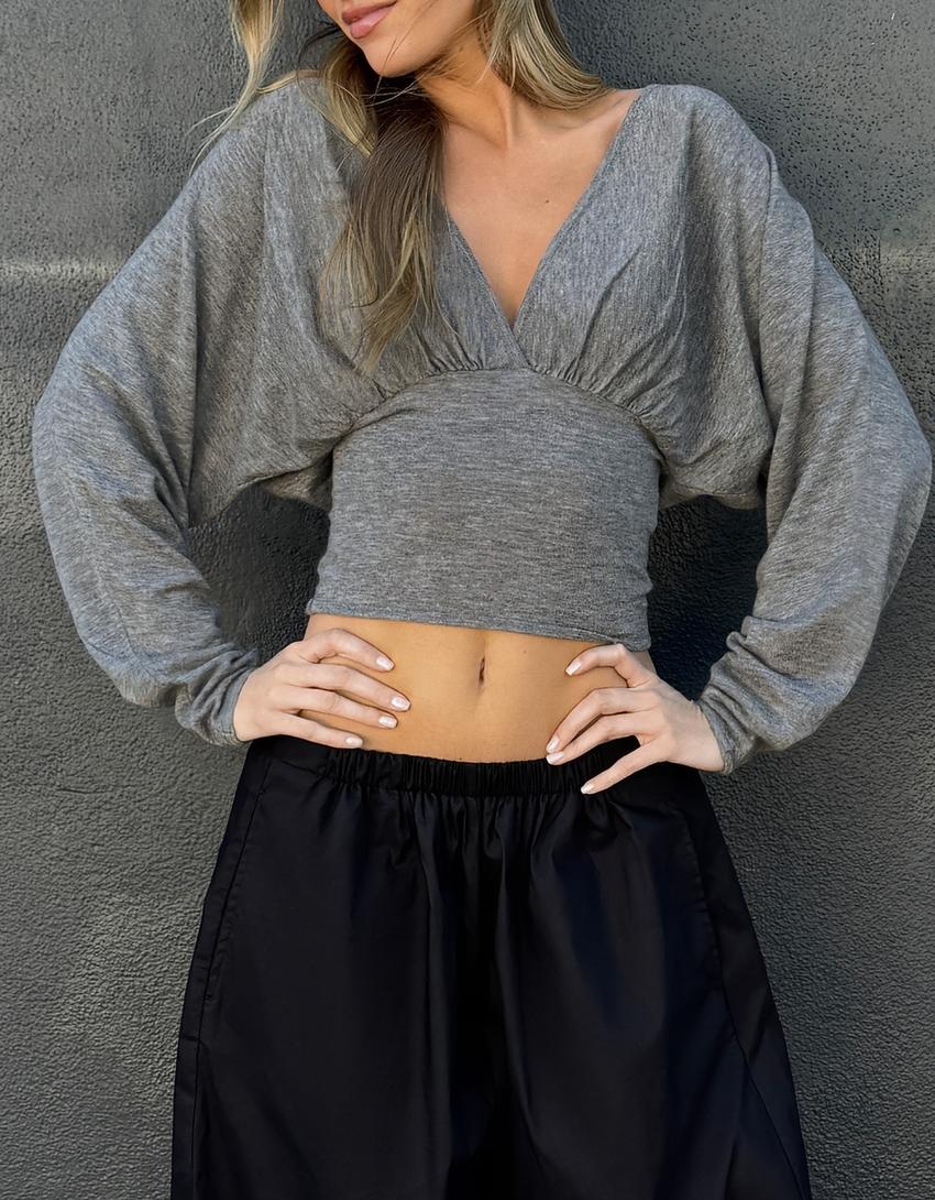 V-neck sweater with sash-Grey