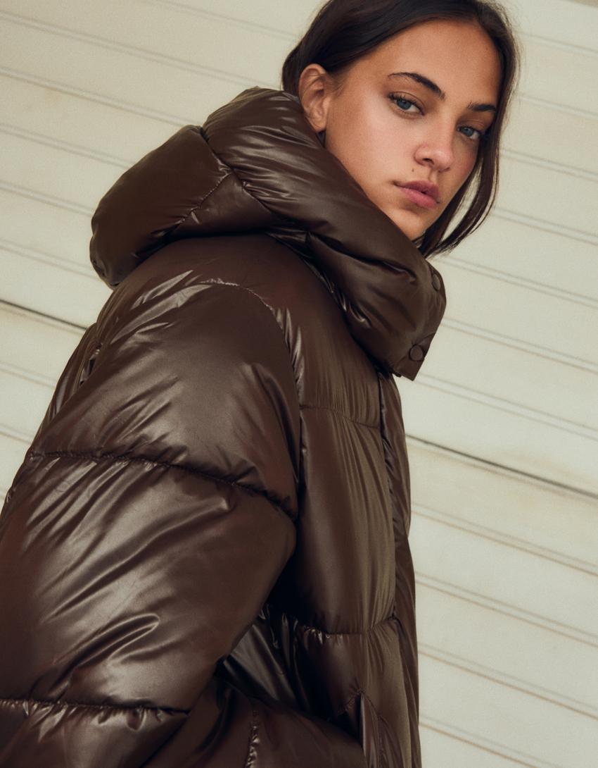Oversize quilted hooded jacket-Brown