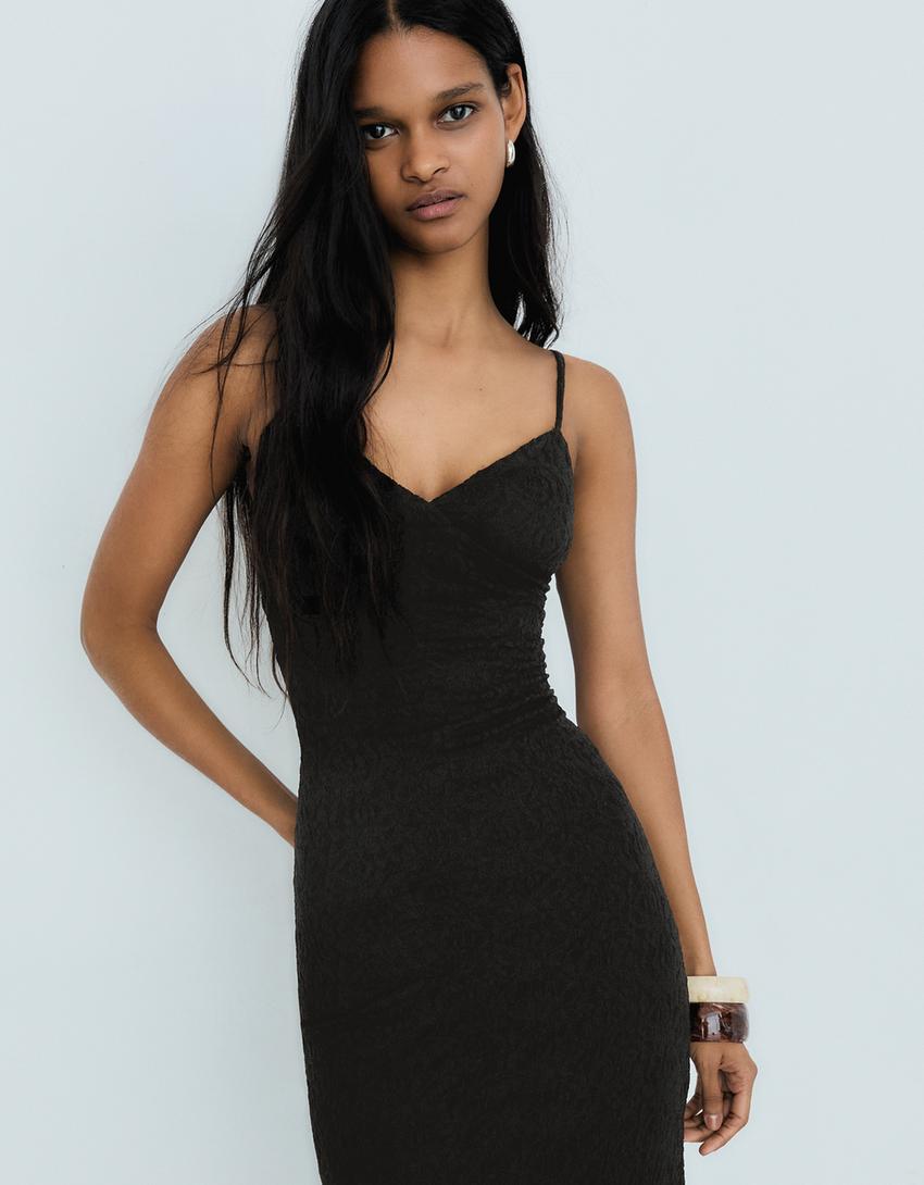 Midikleid mit Trägern und Spitze-Schwarz