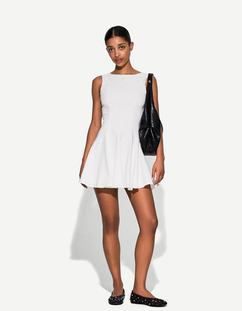 Vestito mini elasticizzato con gonna svasata-Bianco-2