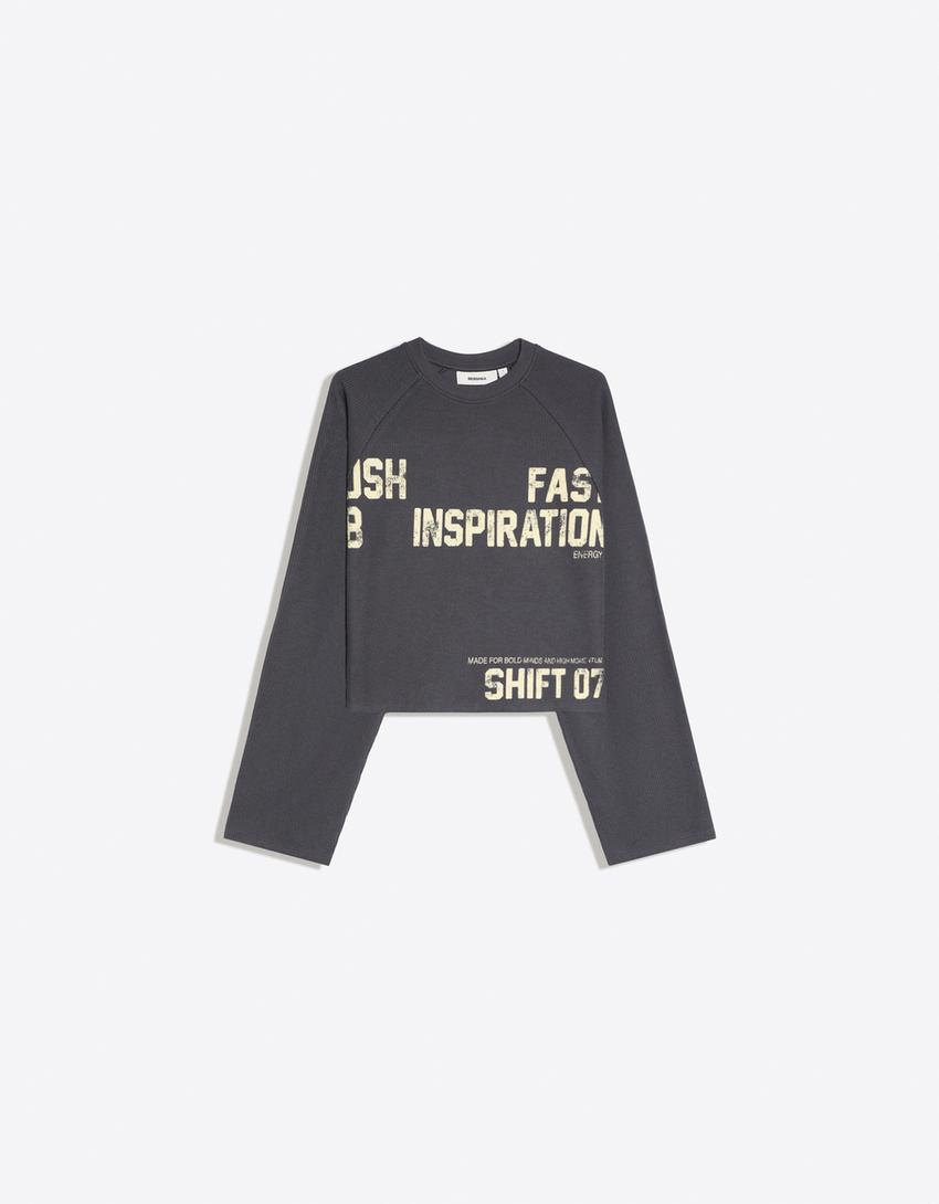 Bisiklet yaka baskılı sweatshirt-Gri