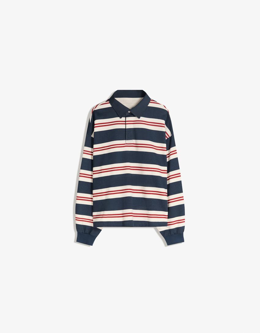 Polo en molleton rayé-Bleu
