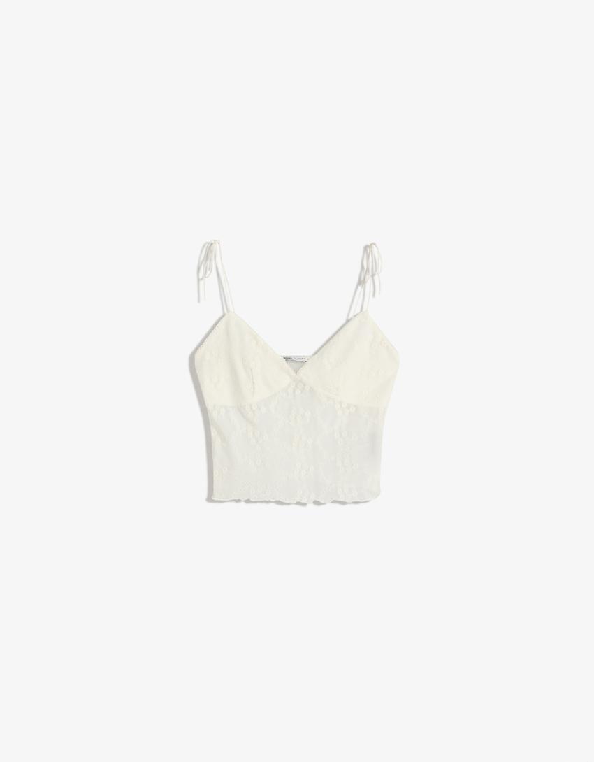 Strappy embroidered tulle top-Cream