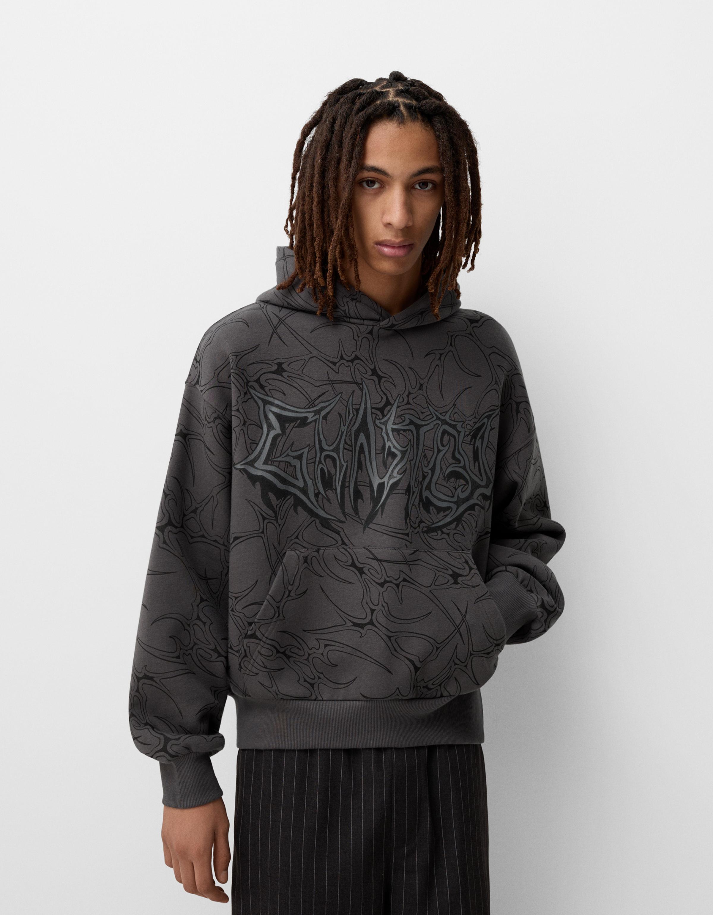 Bershka Hoodie Mit Kapuze Und Boxy-Print Herren Xl Grau