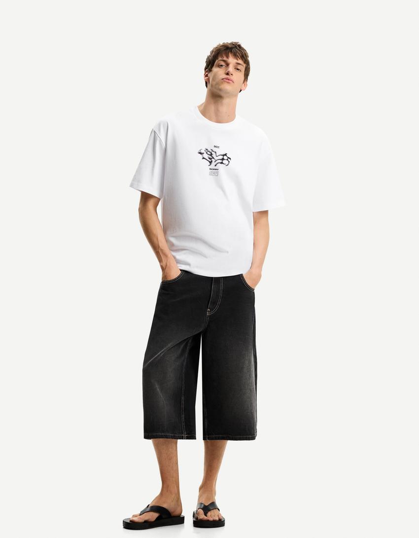 Tricou mânecă scurtă print-Alb