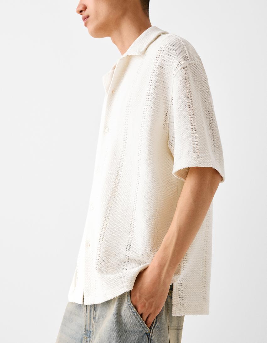 قميص ريفي بأكمام قصيرة وحياكة مفتوحة-أبيض-5