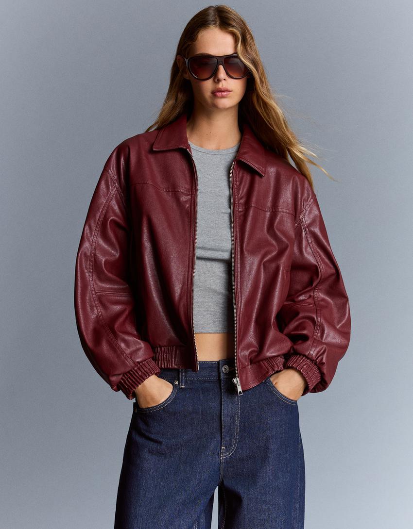 Casaco efeito pele oversize-Bordeaux-2