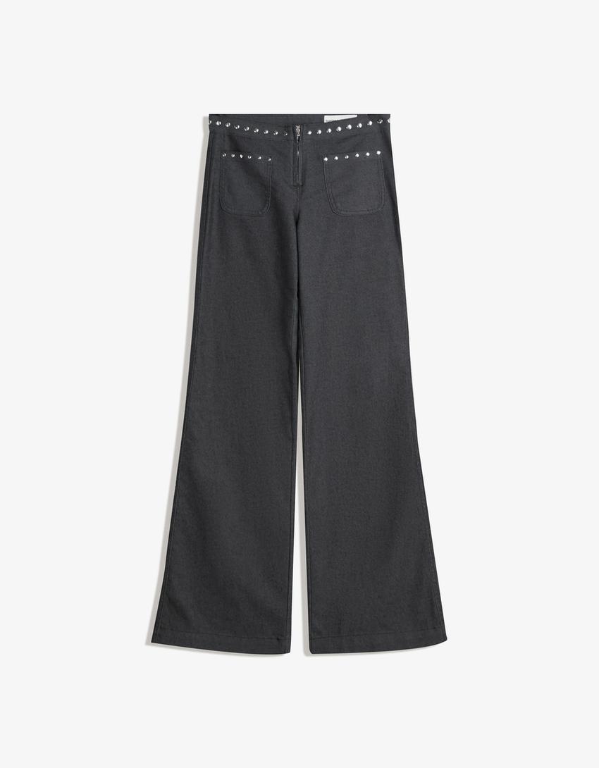 Pantalon stretch taille cloutée-Gris foncé-3