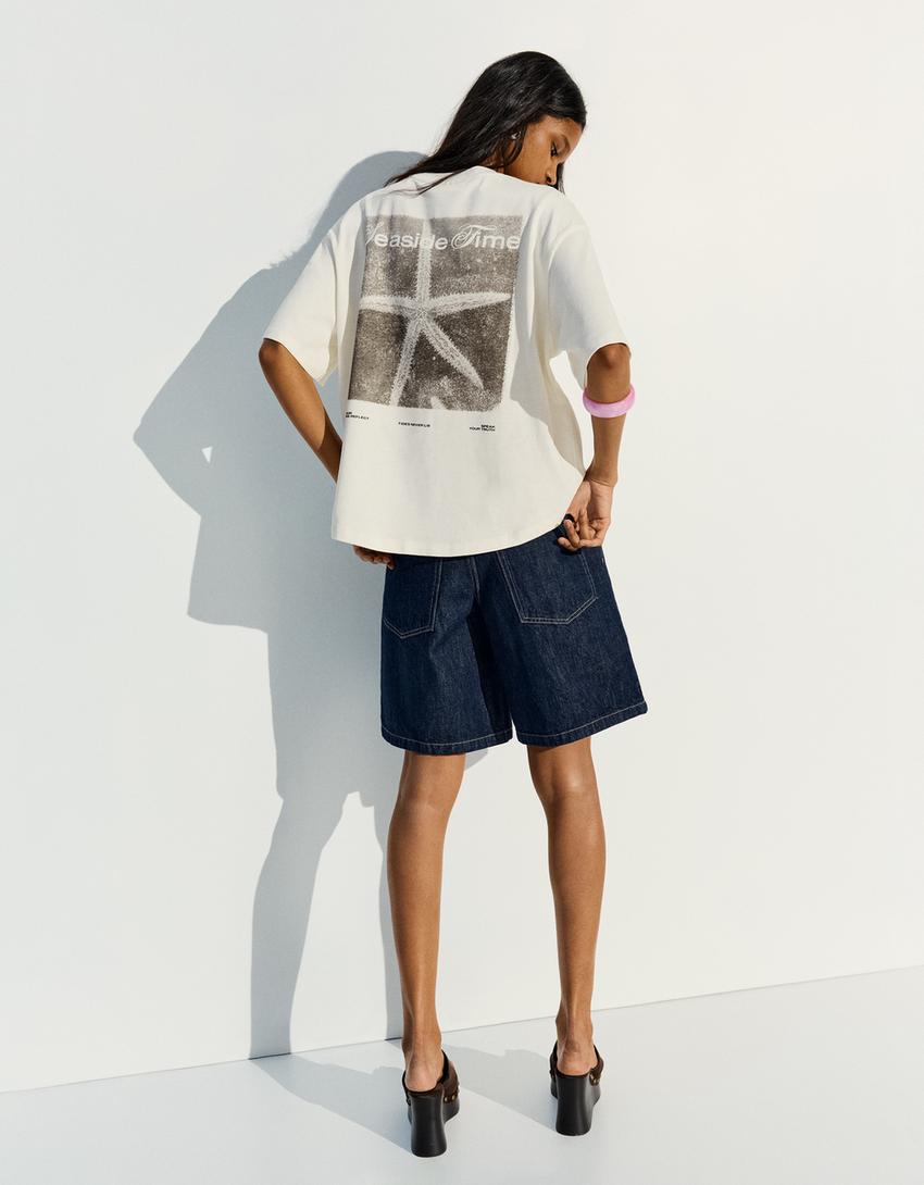 Oversize print T-shirt-Cream
