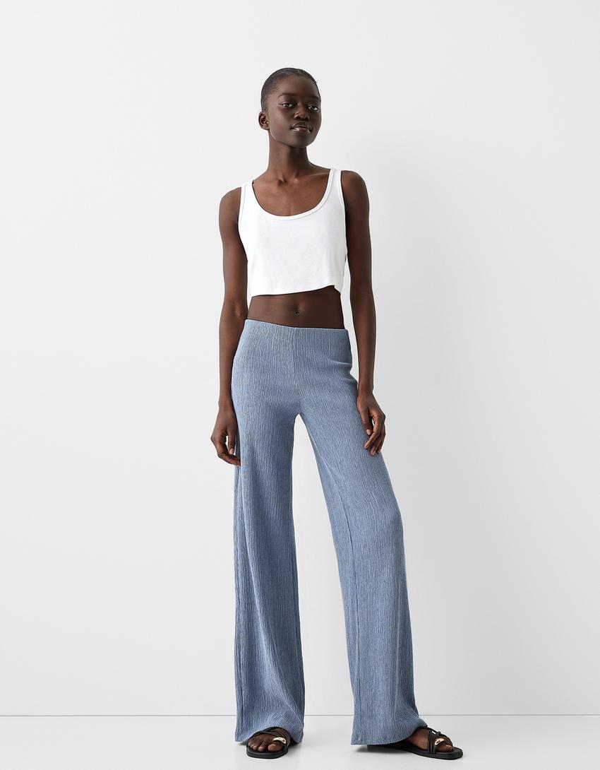 Pantalon wide leg gaufré-Bleu-0