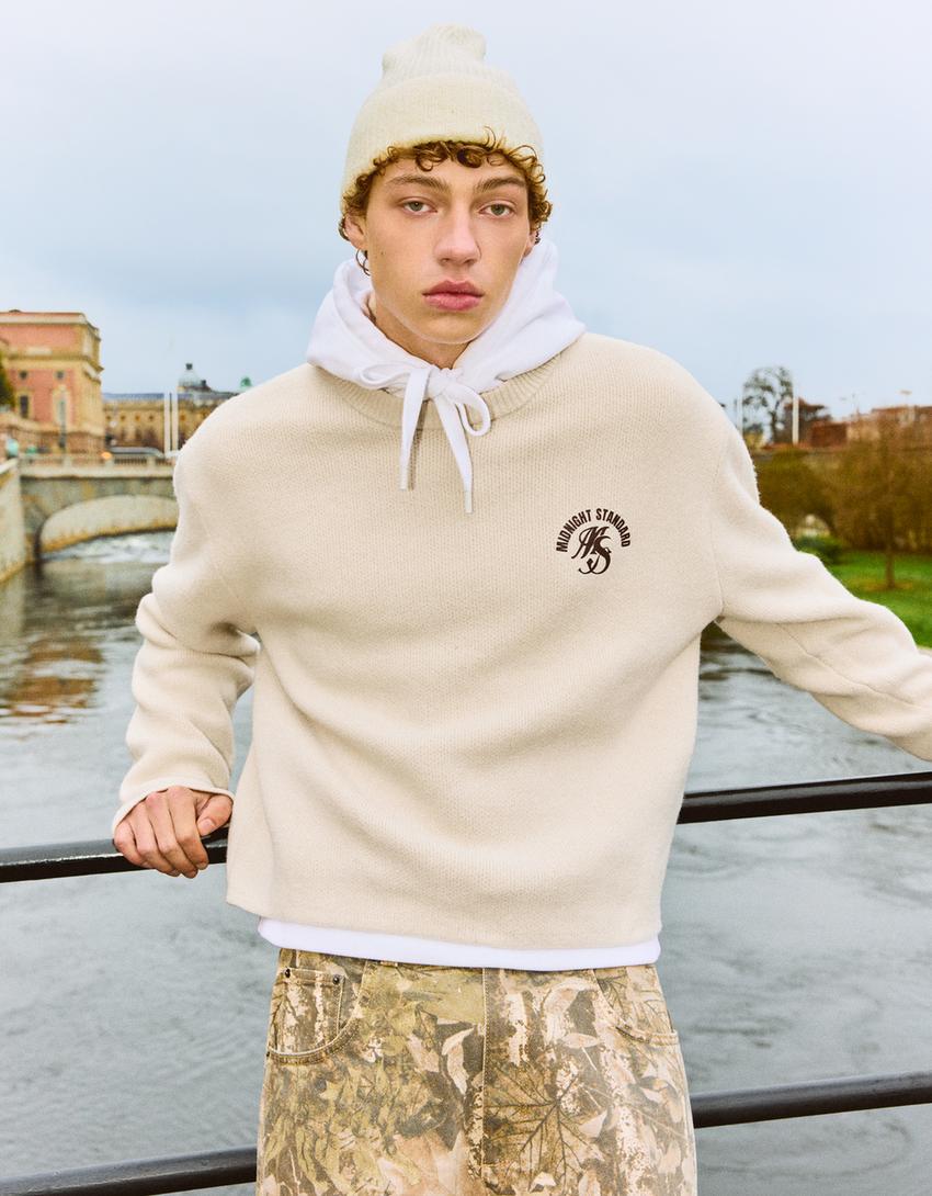 Jacquard-Pullover mit Print-Beige