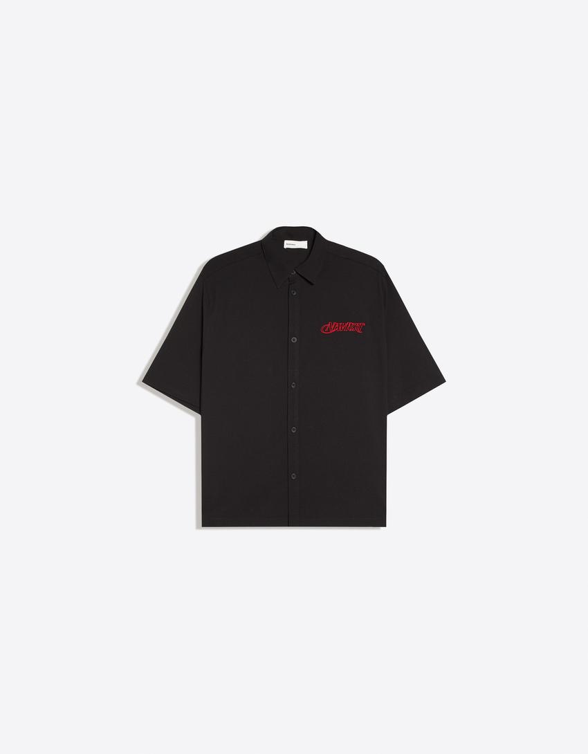 Camicia a maniche corte ricamata-Nero