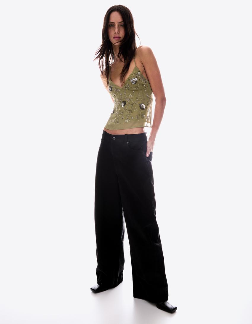 Strappy top with shimmery embroidery-Khaki-0