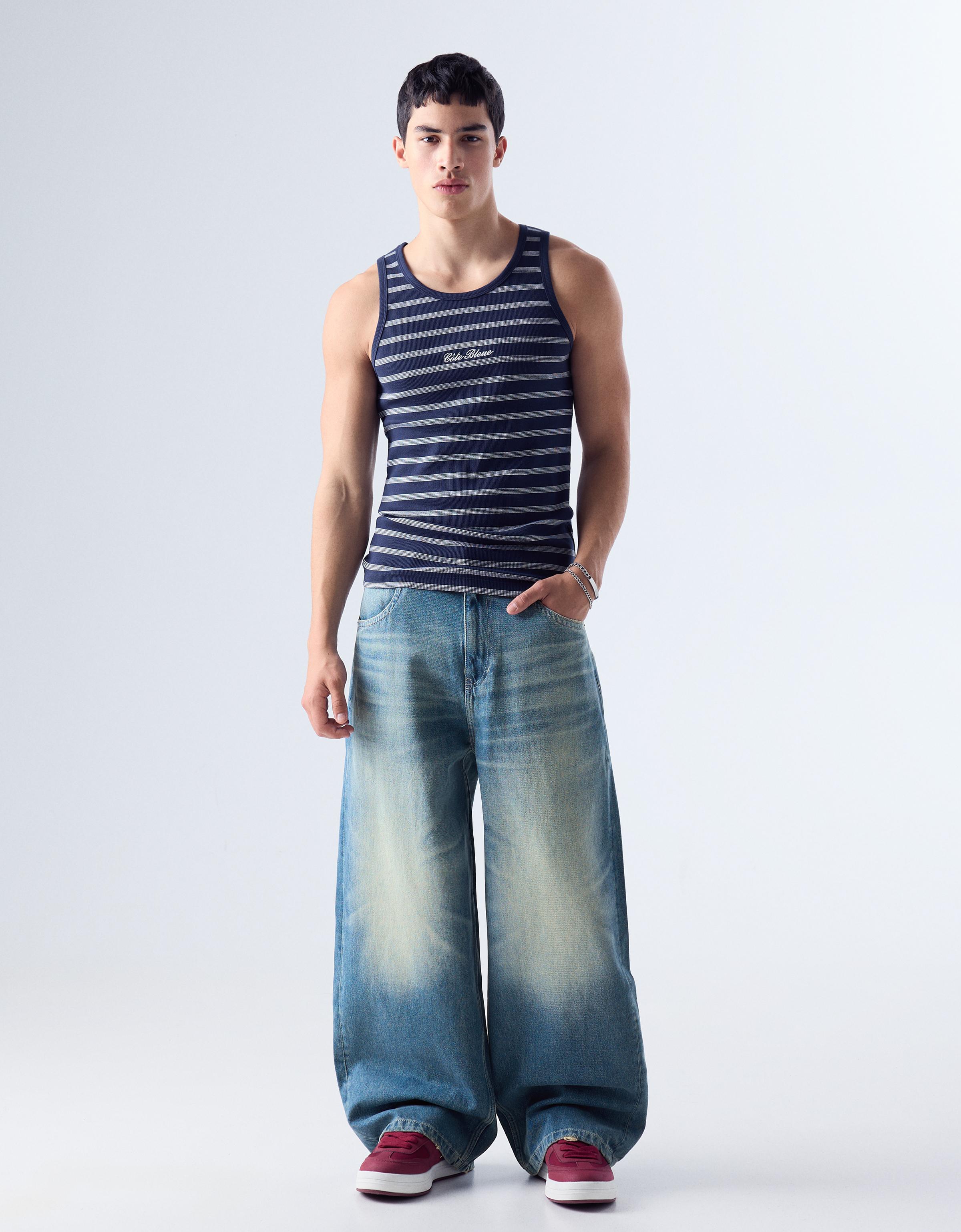Jeans Baggy Hebilla Trasera Hombre 40 Azul Lavado