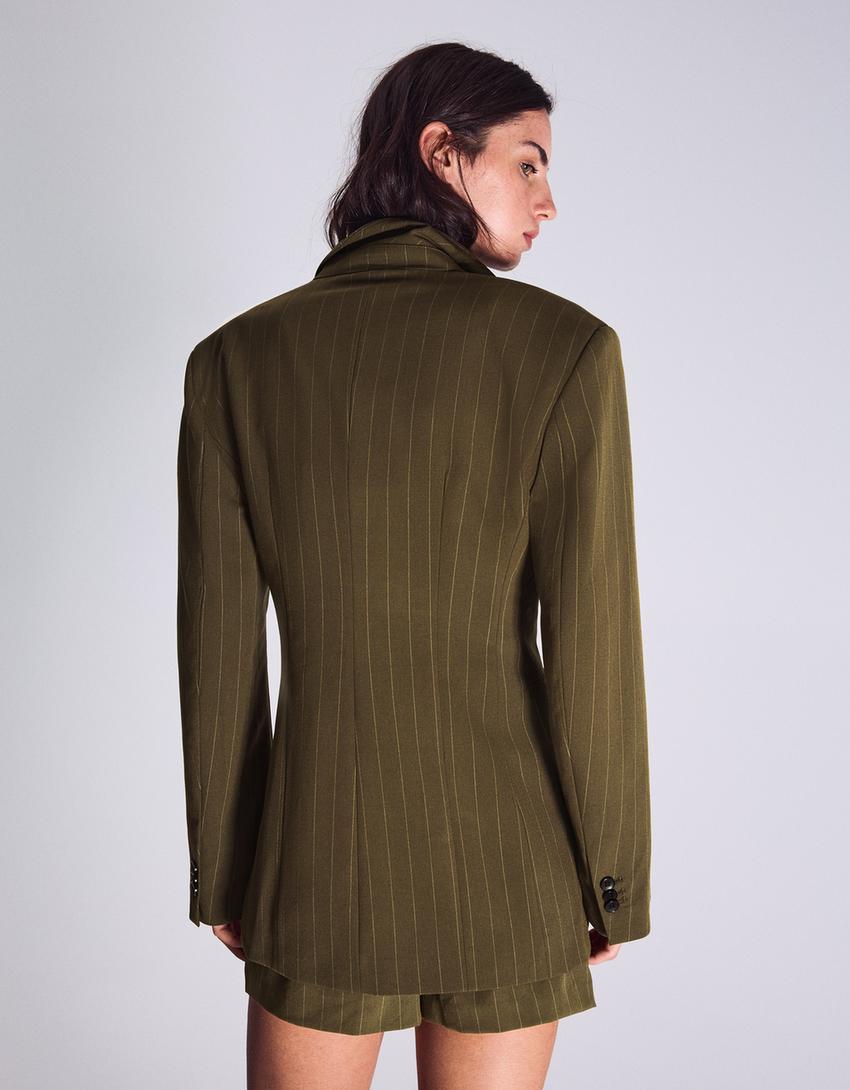 Striped double-breasted blazer-Khaki