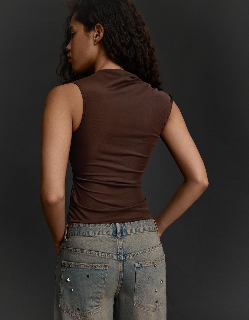 Top tulle à nœuds-Marron