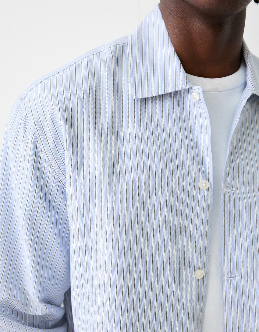 قميص بوبلين مقلم بأكمام طويلة-أزرق-5