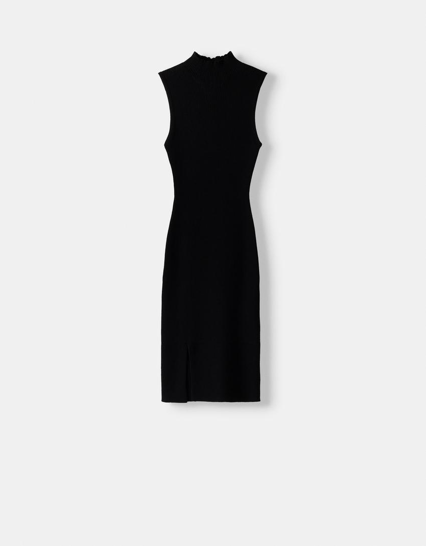 Sleeveless knit high neck mini dress-Black-4