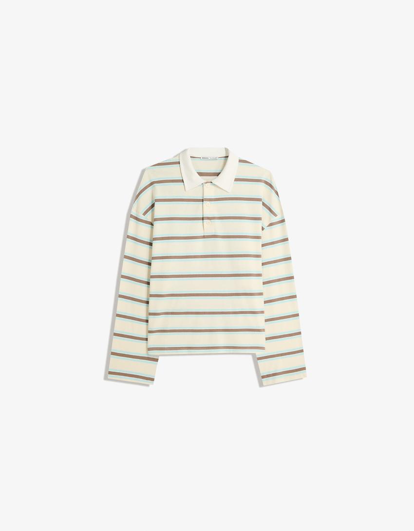 Langarm-Shirt mit Polo-Kragen-Rohweiß