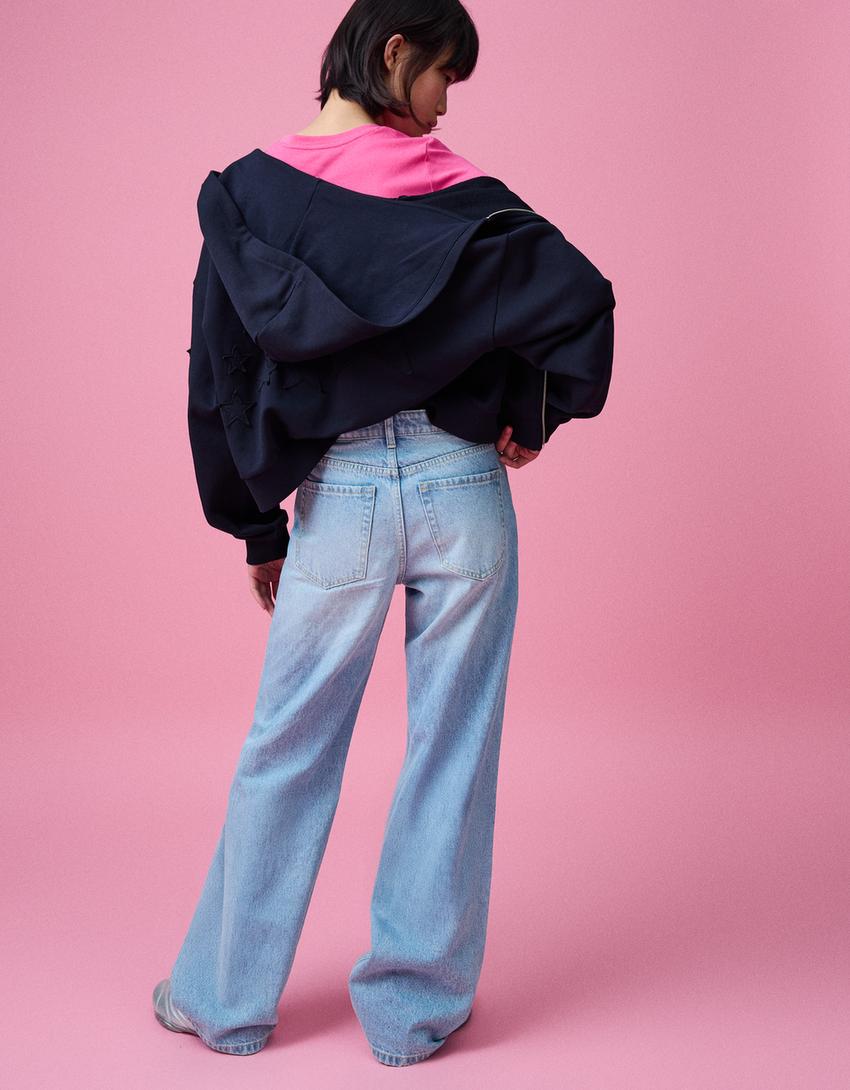 Jeans straight wide leg taille haute brillant-Bleu lavé