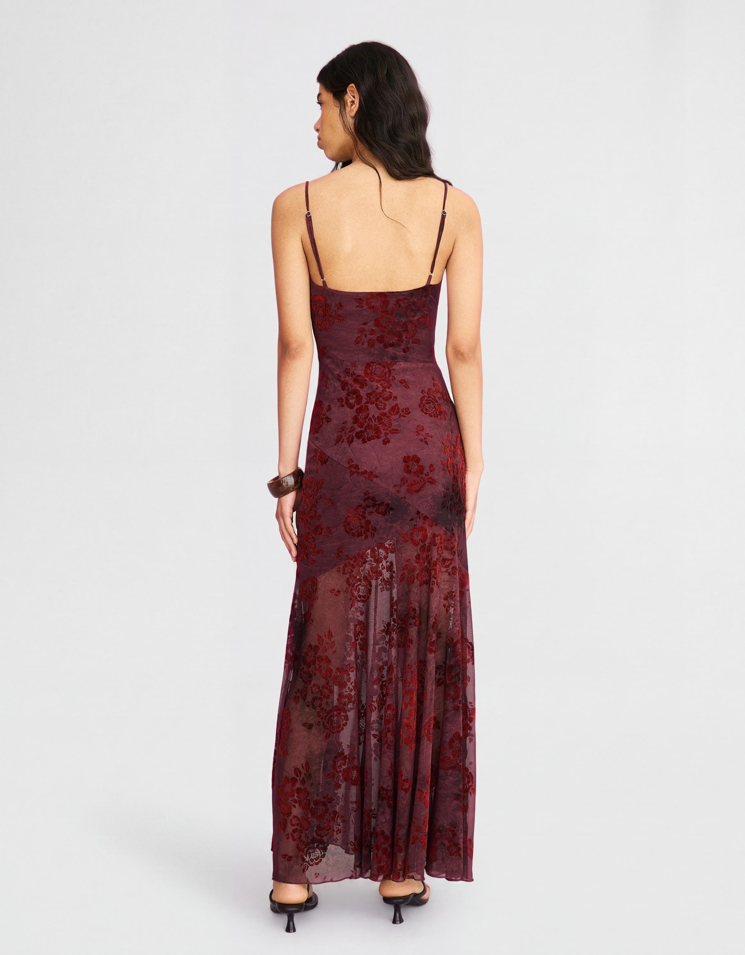 Flocked tulle midi dress with straps — Brown