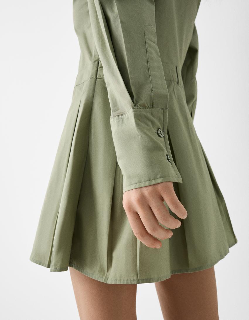 Vestido camiseiro mini popelina pregas cinto-Caqui-5