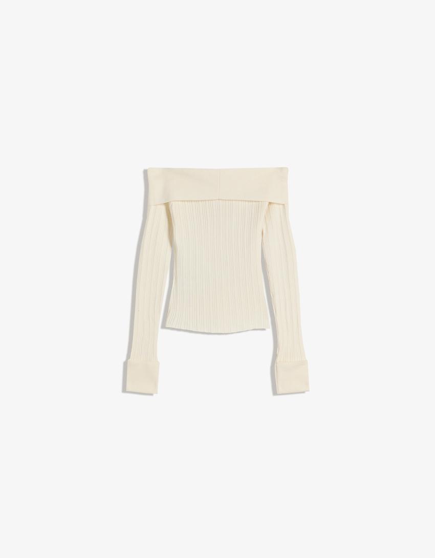 Texture sweater with Bardot neckline-Cream
